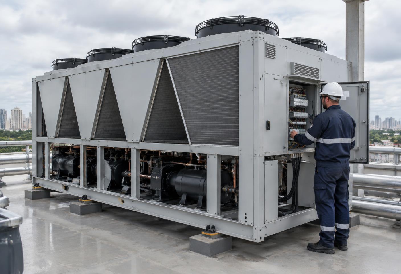 Técnico inspecionando painel de chiller em instalação comercial de grande porte