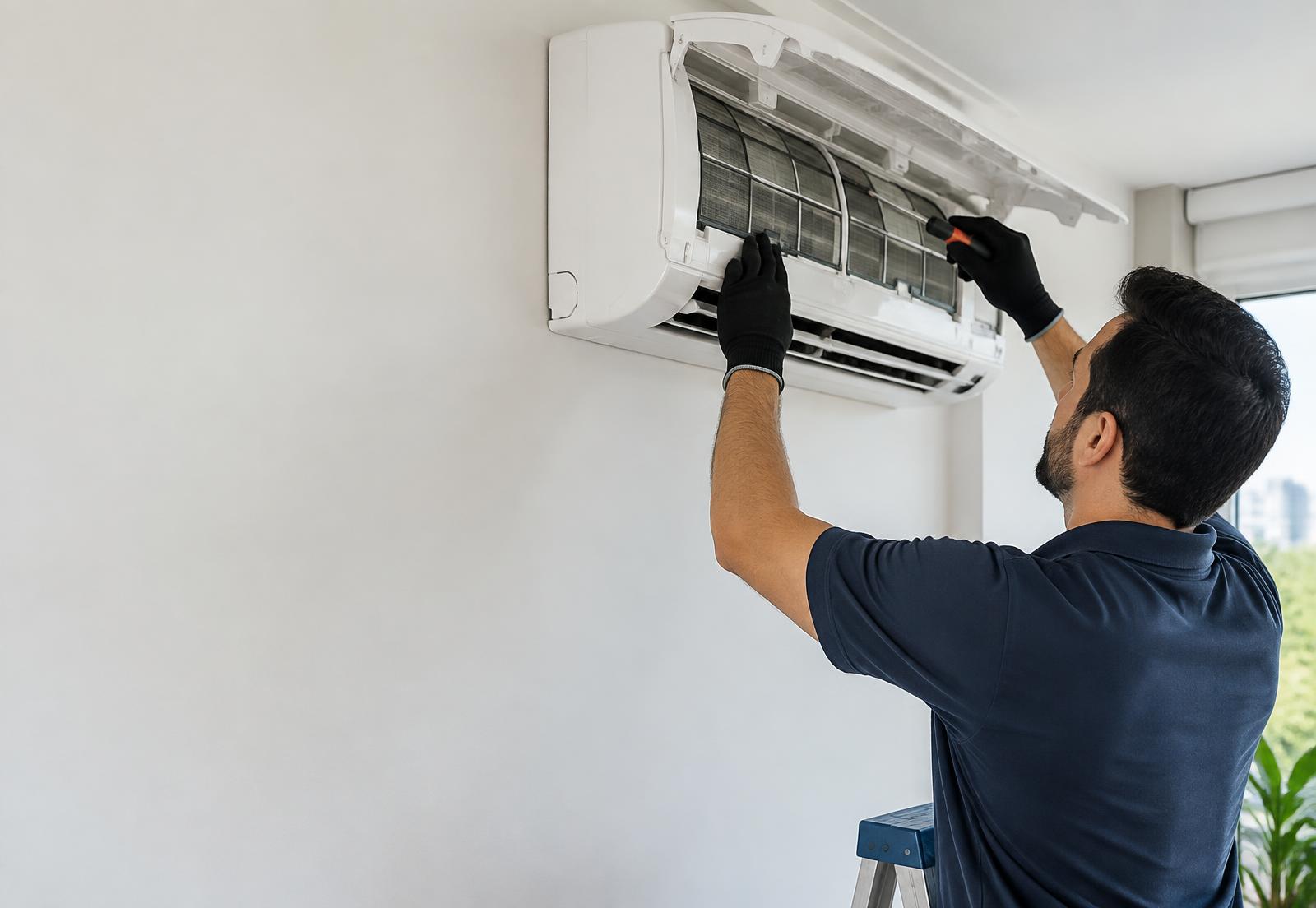 Técnico realizando manutenção em ar-condicionado de parede